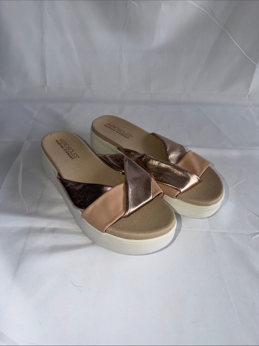 AEROSOLES Metallic Rose Gold and Blush Platform Slide Sandals